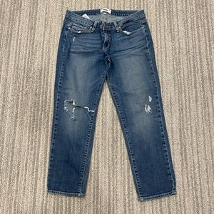 Paige Jeans. Size 29 short crop. Distressed w/big tear in knee.